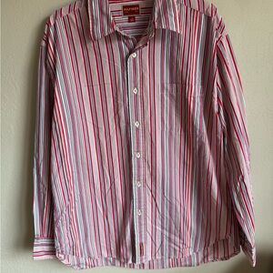 Men’s L Red Striped Tommy Hilfiger 90’s, Vintage, Preppy, Long Tail Button Up